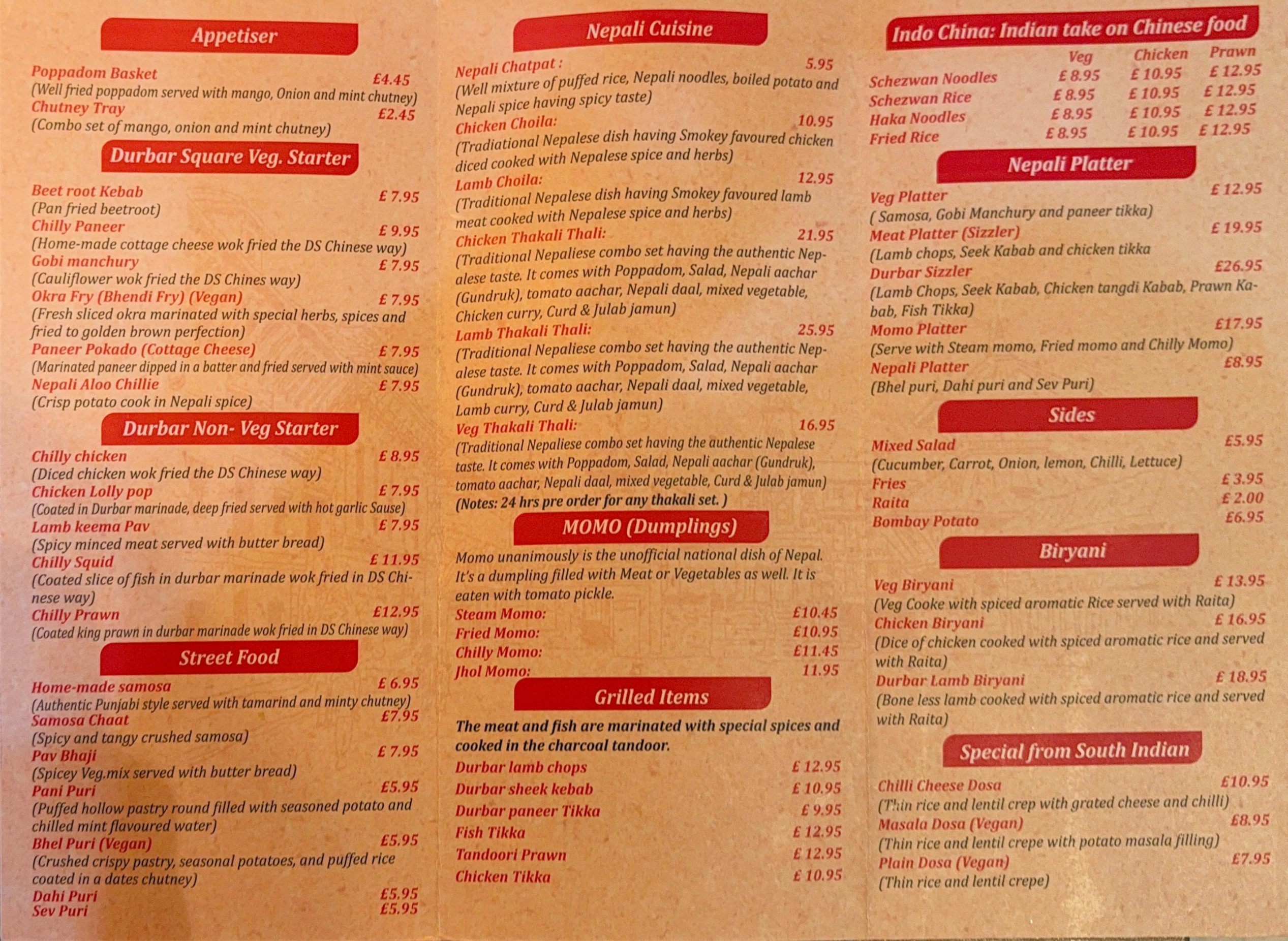 Durbar Square Appetizer Food Menu